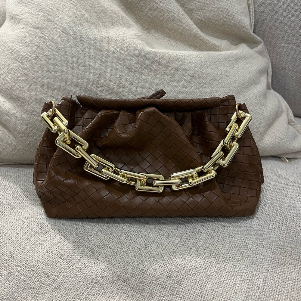 Brown woven mini bag with gold chain